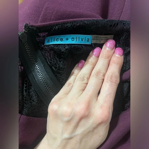 Alice & Oliva Dionne Strong Shoulder Diamond Back dress in deep grape - Picture 7 of 8